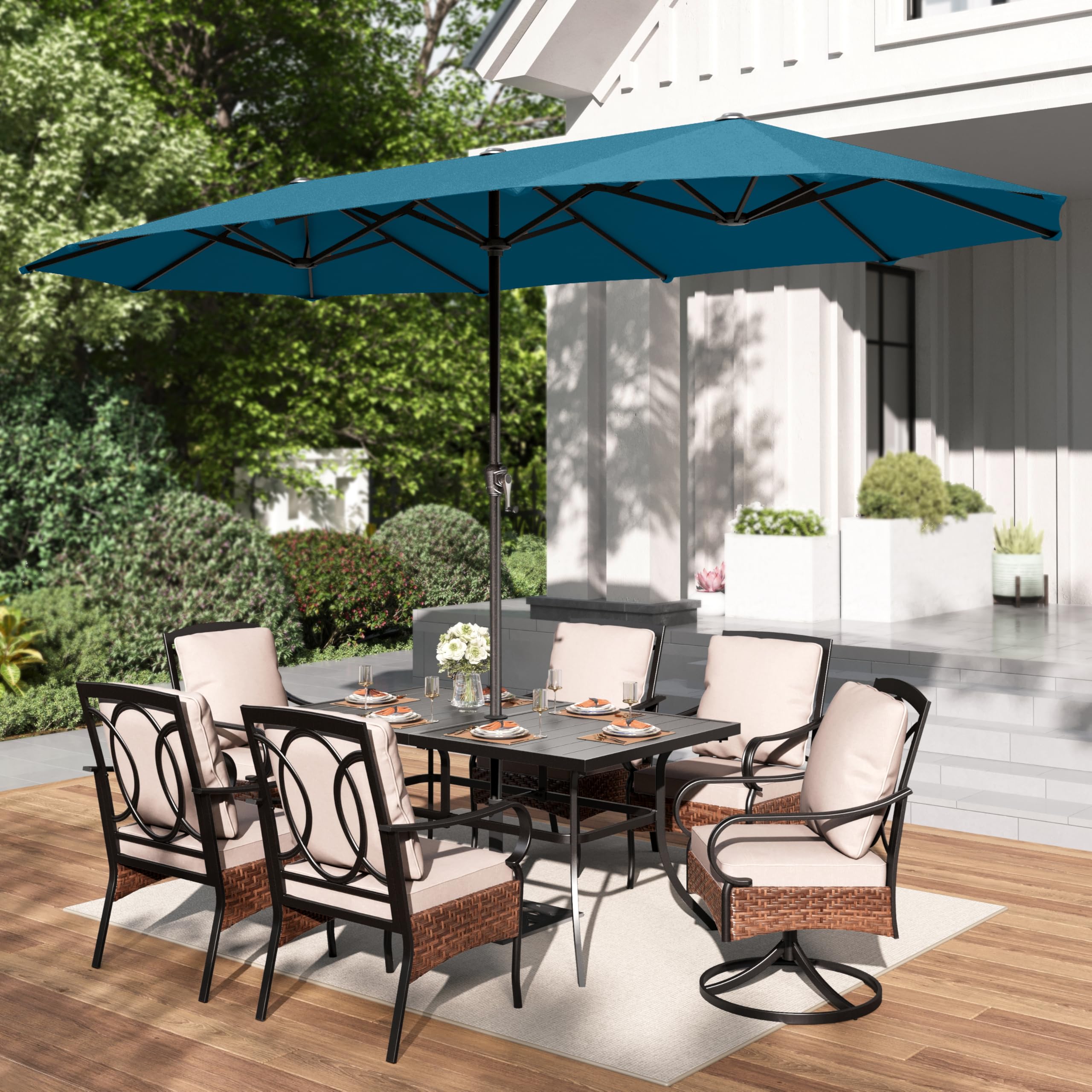 PHI VILLA close-up of cyan polyester canopy fabric showing fade-resistant texture