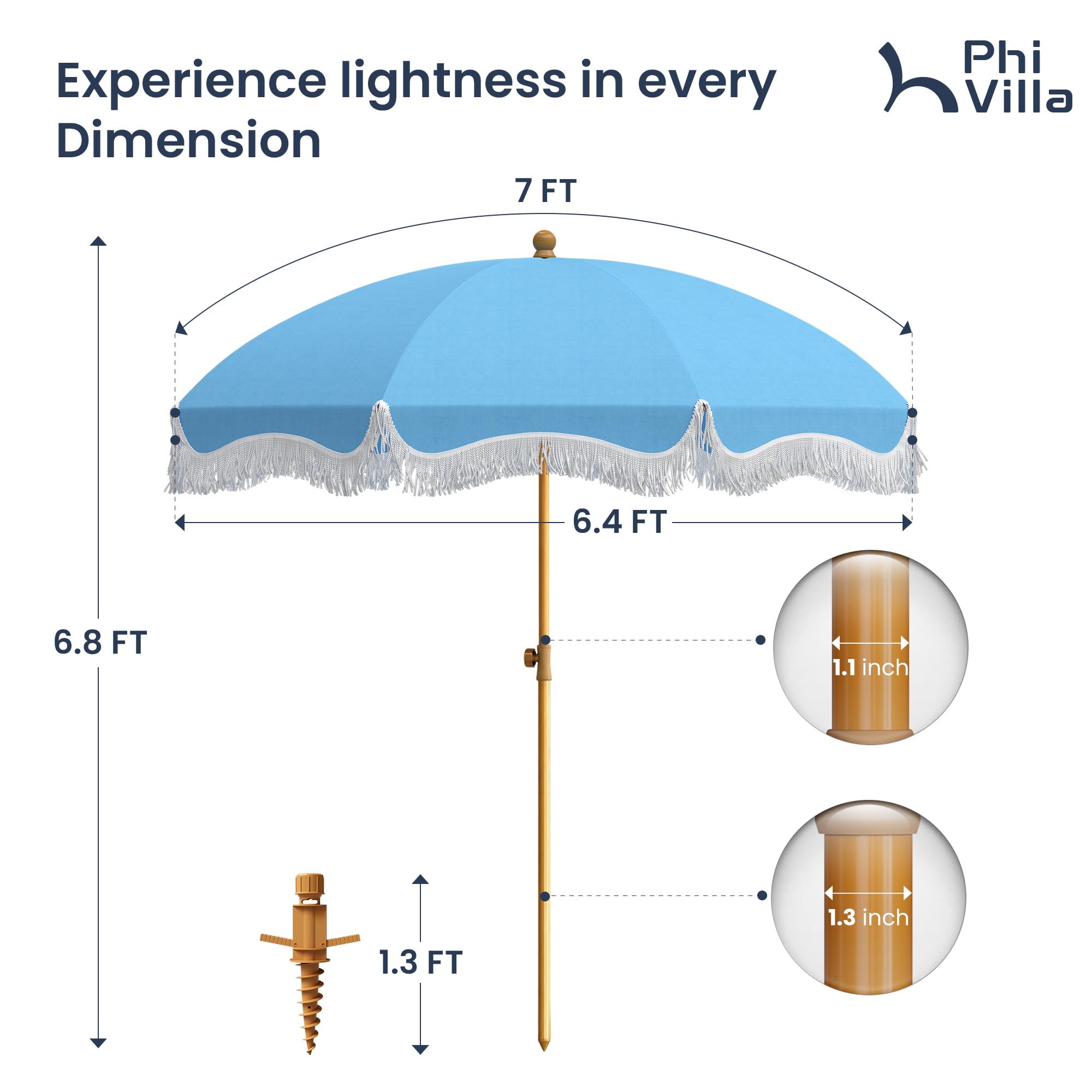 PHI VILLA umbrella next to a beach chair to show size and coverage