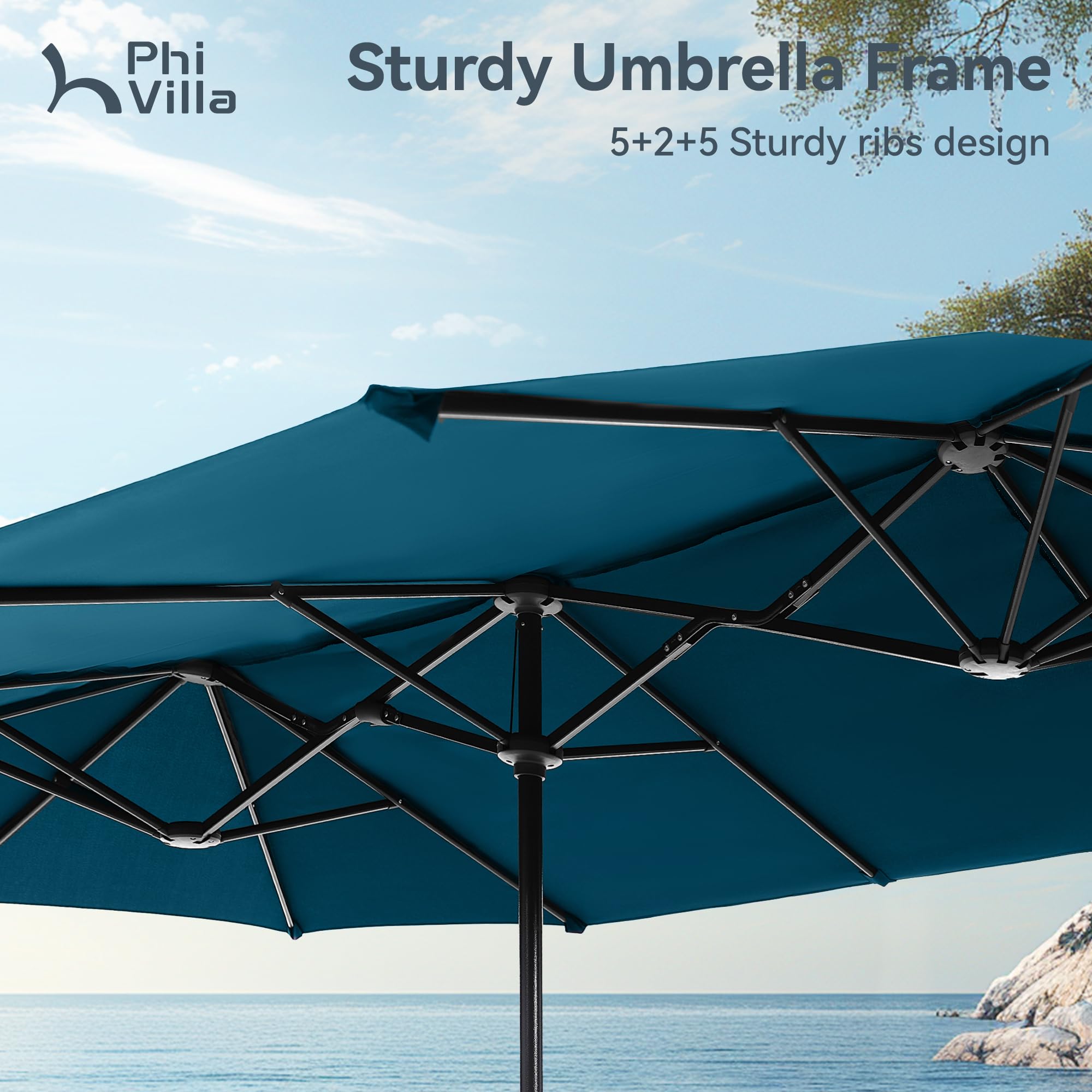 PHI VILLA 13ft umbrella shading a long outdoor dining table to show scale
