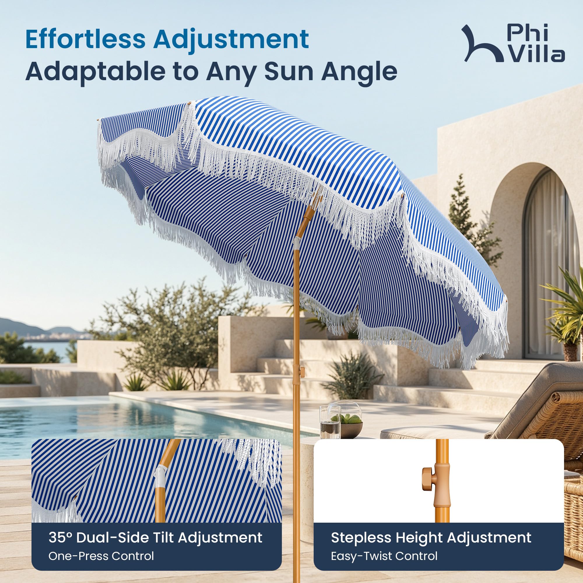 PHI VILLA umbrella in use on sandy beach offering portable shade