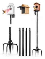Phikrou front view showing pole holding multiple feeders and attracting birds