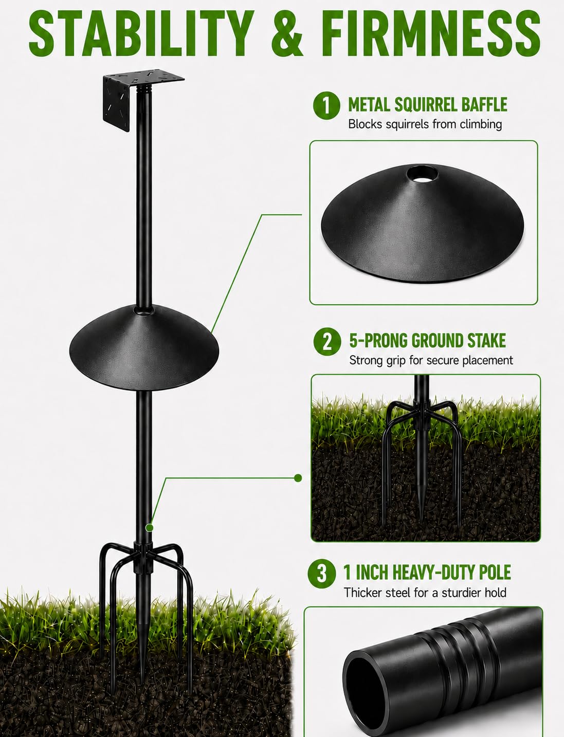 Phikrou ground stake and mounting plate show secure anchoring for stability
