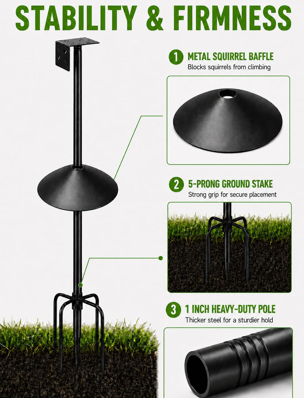 Phikrou ground stake and mounting plate show secure anchoring for stability