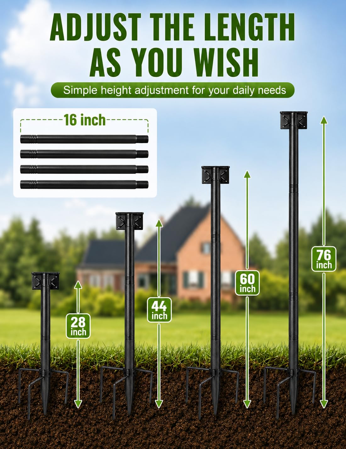 Phikrou pole beside measuring tape shows 76-inch height for visibility