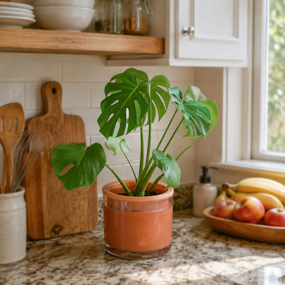 Phoenix Vine planter in use with foliage on a shelf illustrating how it keeps plants hydrated while looking stylish