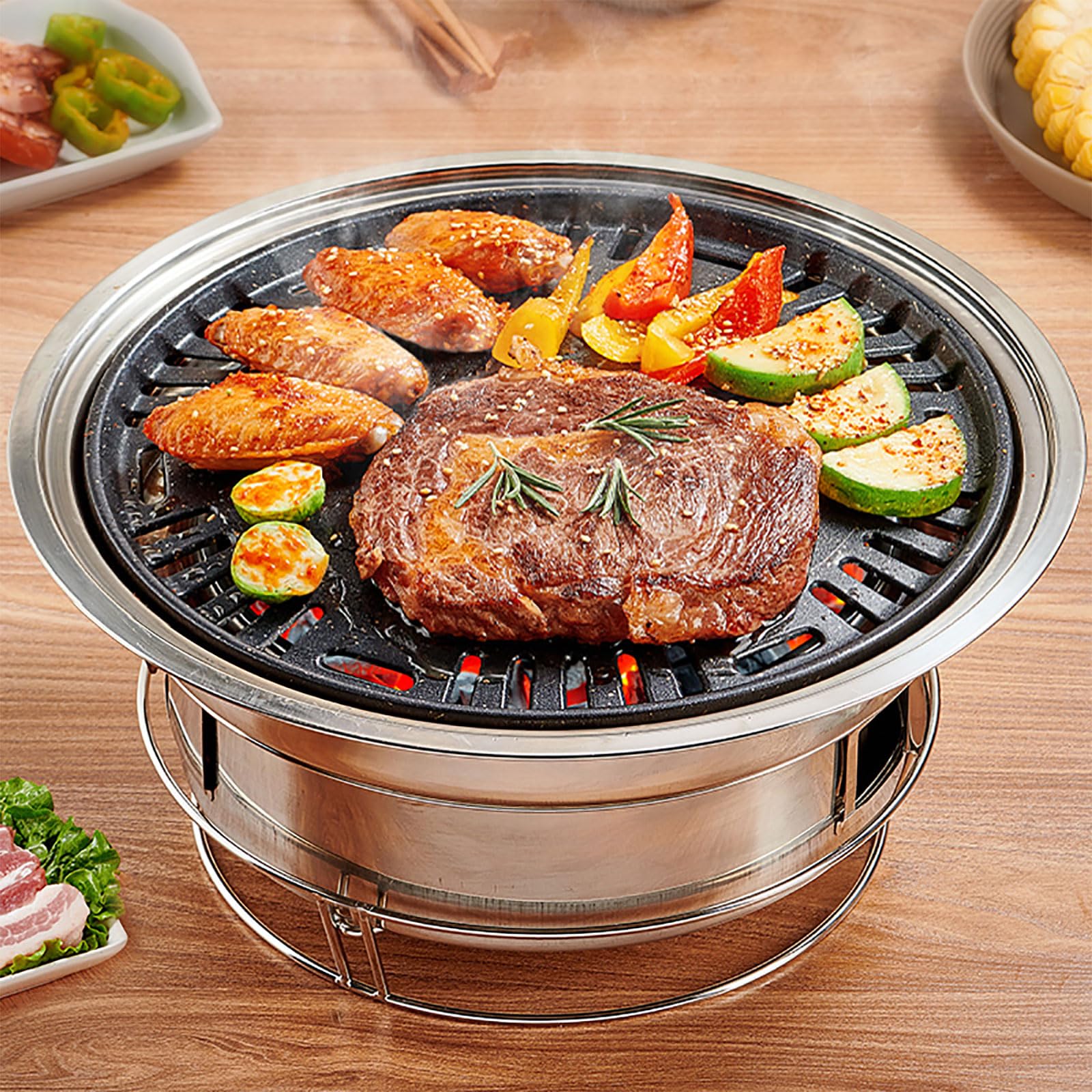 PHOJEWI front view of assembled portable stainless steel grill showing compact design and benefits