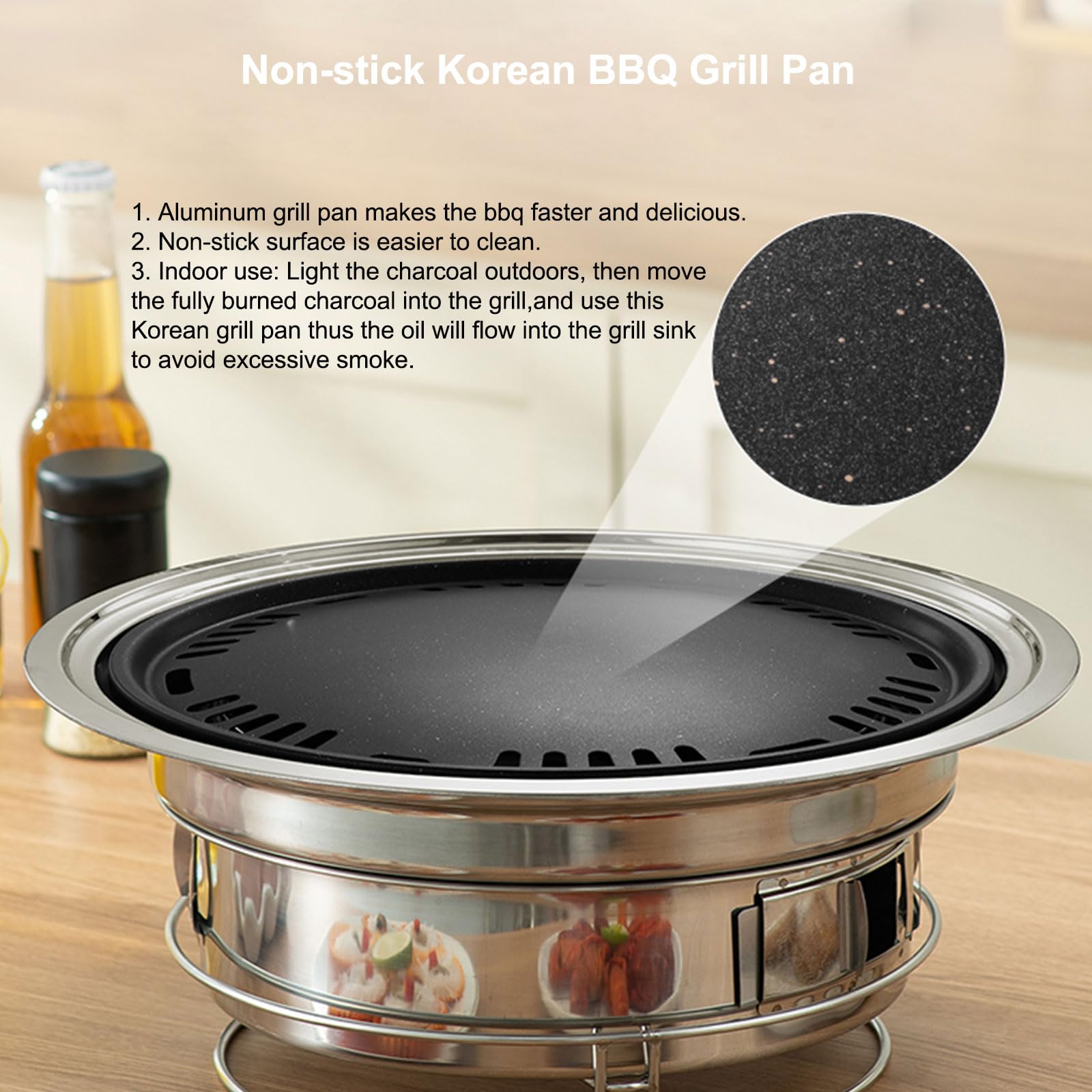 PHOJEWI close-up of aluminum nonstick kbbq pan highlighting fast heat and easy cleaning