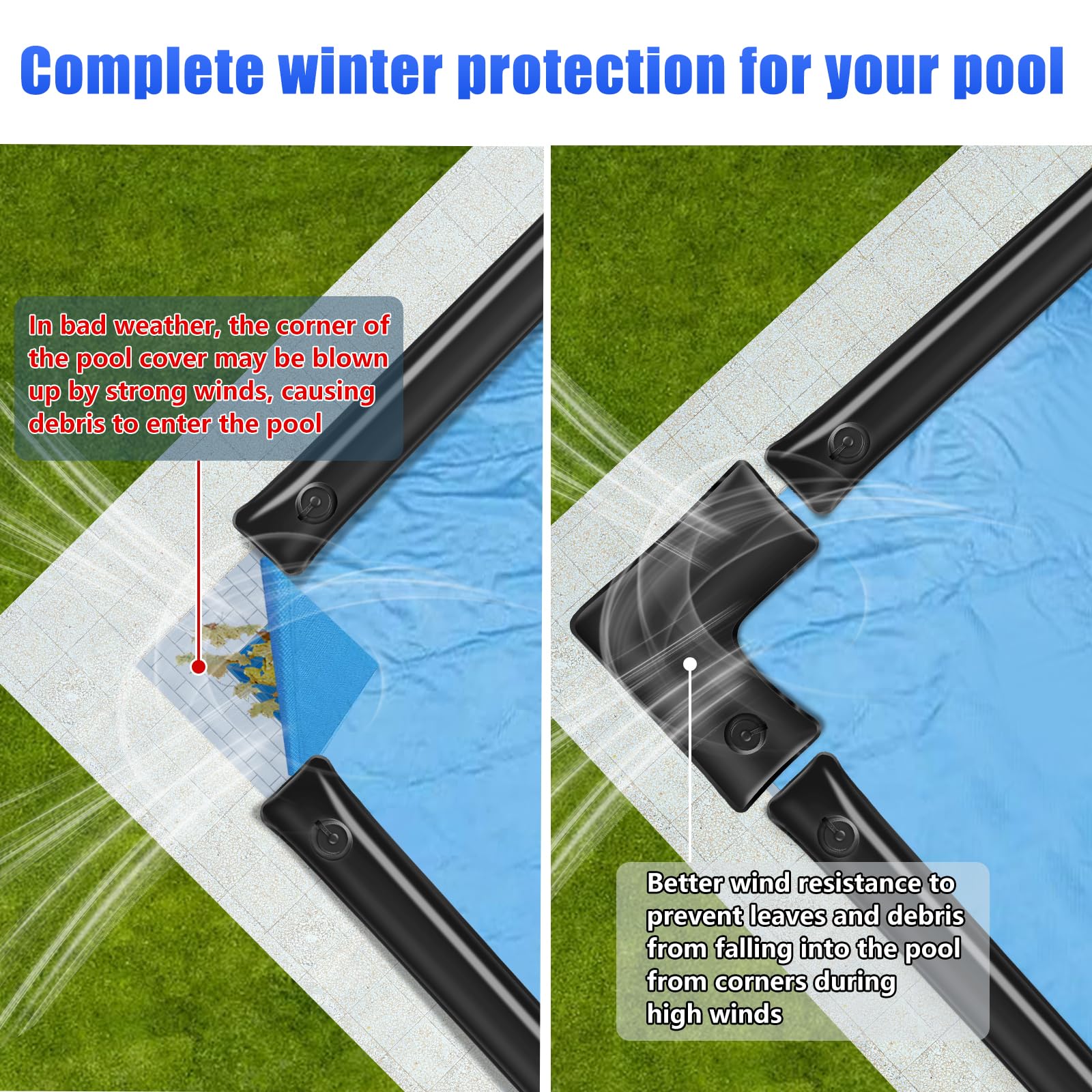 Phoncoo filled bag along pool edge demonstrating snug cover sealing