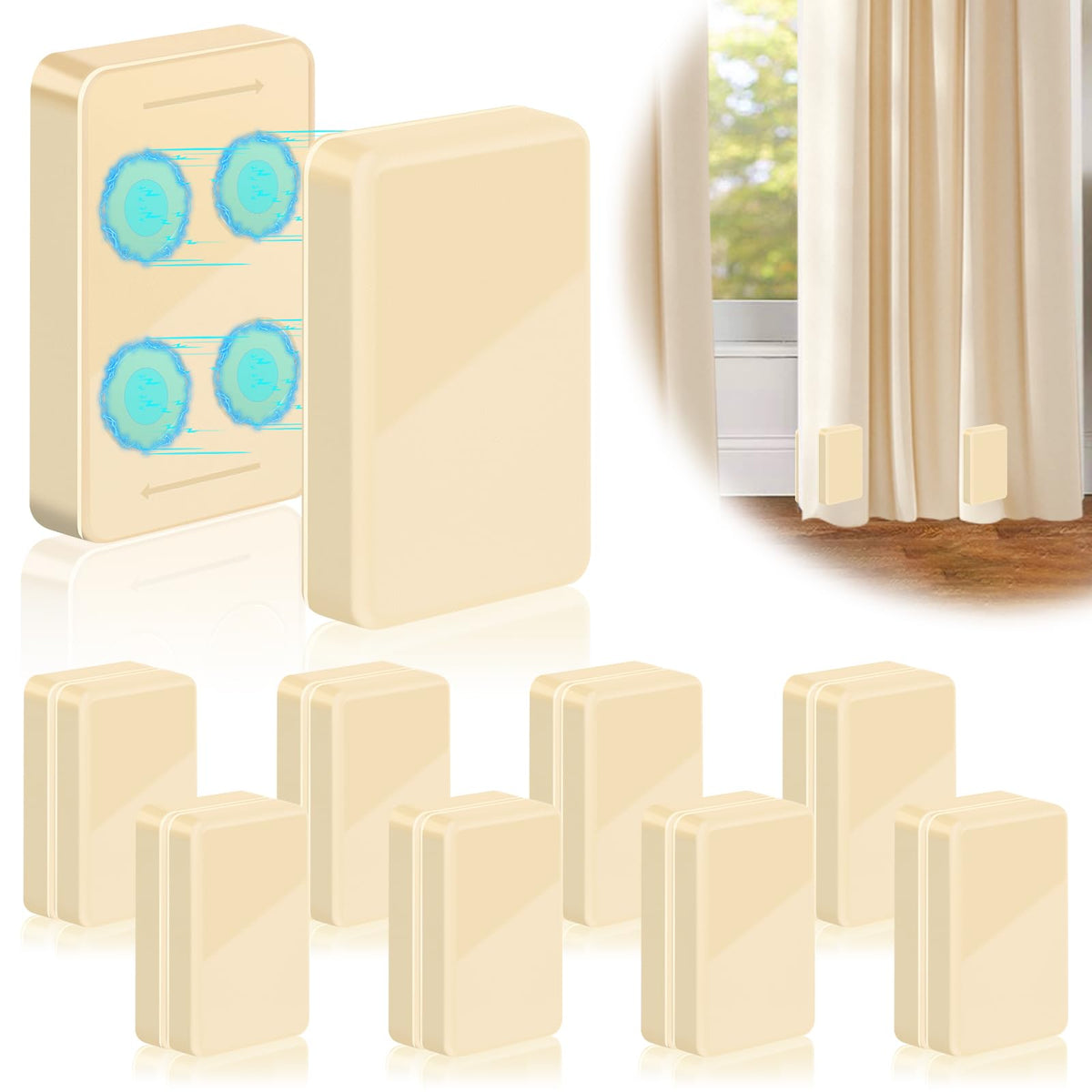 Phoncoo front view of beige curtain weights showing product set and packaging benefit
