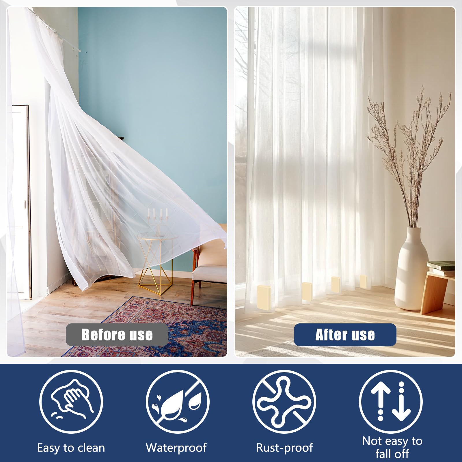 Phoncoo size comparison showing dimensions and heavier hold for curtains