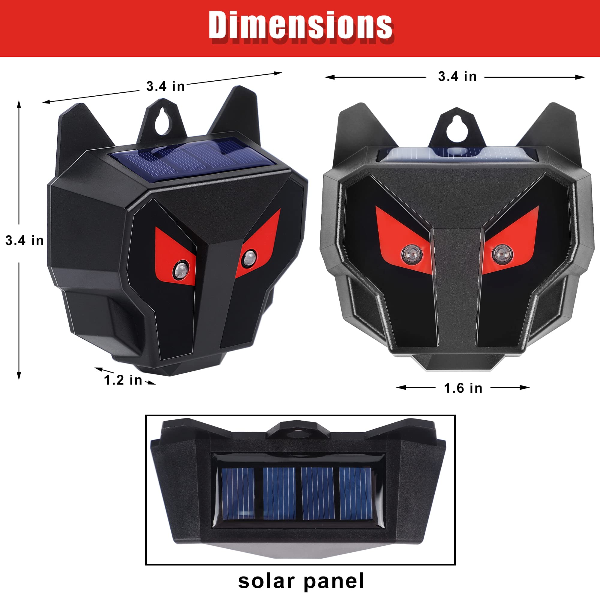 Phosooy close-up of red LED and solar panel for continuous nighttime deterrence