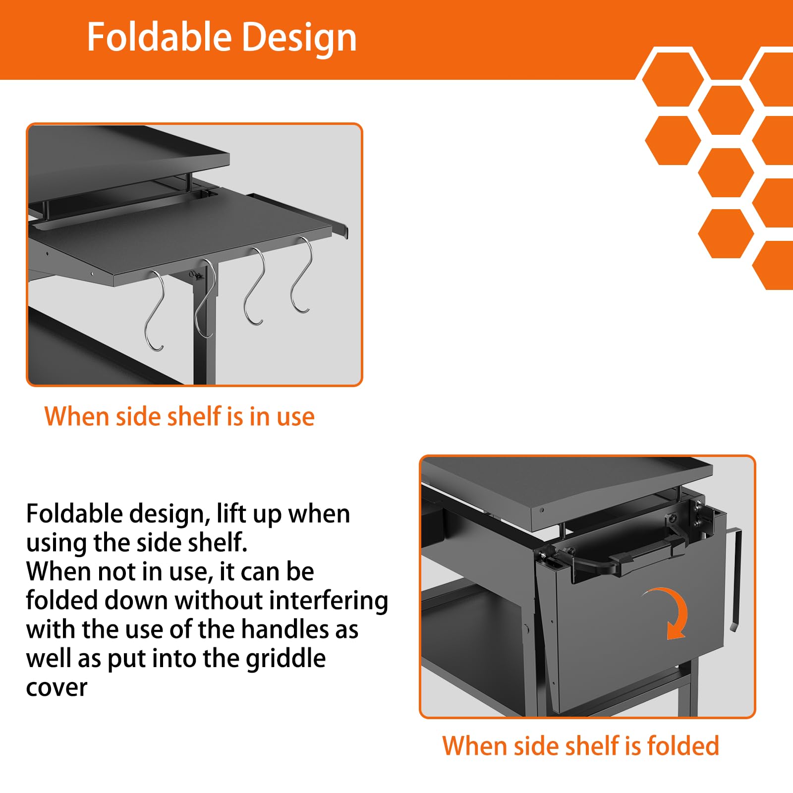 PHYESUVIN shelf mounted on griddle in use keeping tools and plates within reach