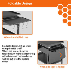 PHYESUVIN shelf mounted on griddle in use keeping tools and plates within reach