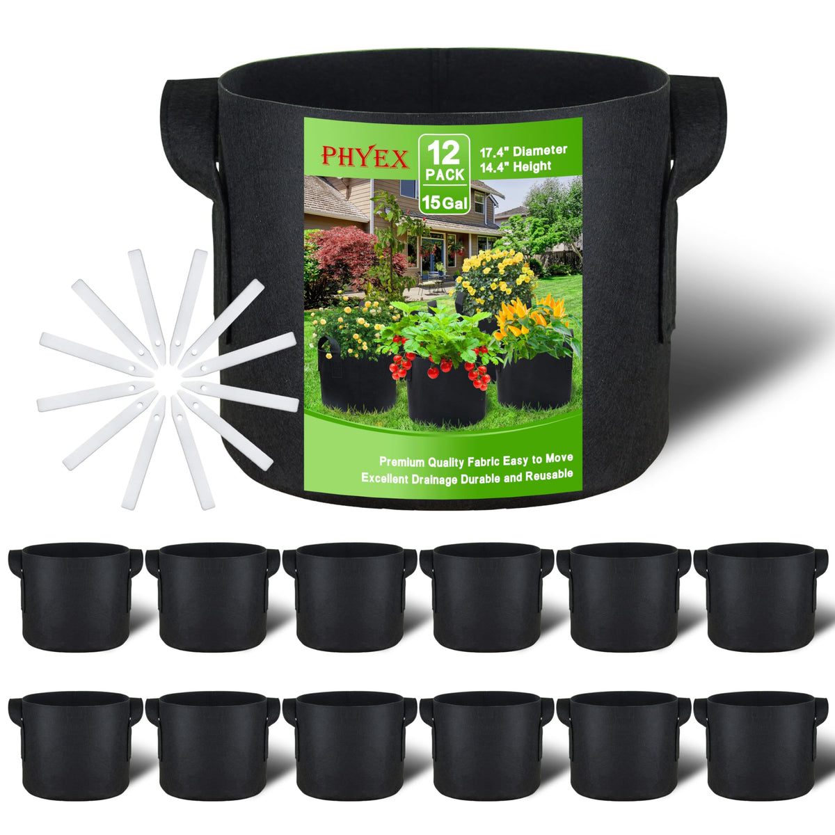 PHYEX front view of 12-pack grow bags showing full set benefit