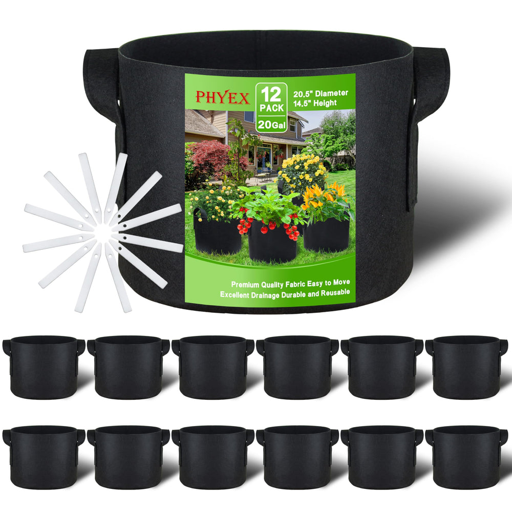 PHYEX front view of 12-pack grow bags showing set and branding, space-saving benefit