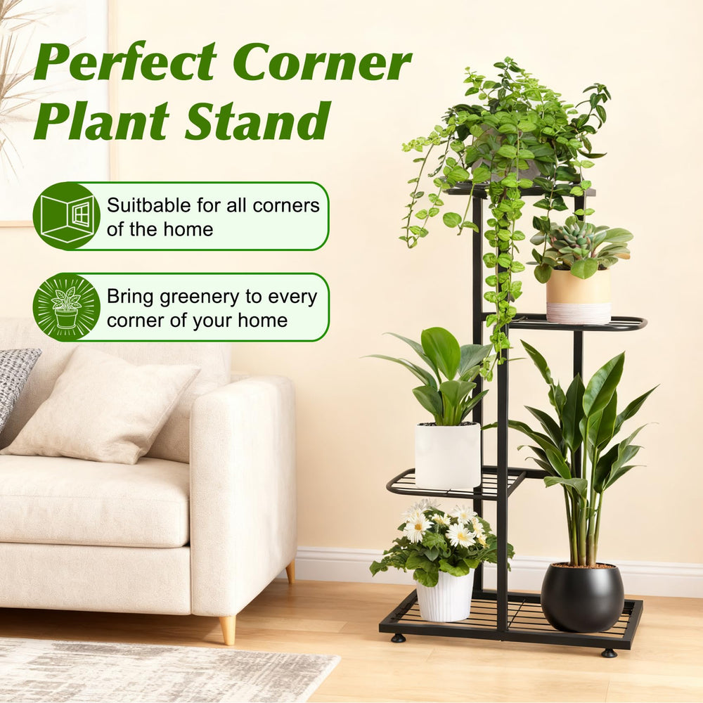Phyluckny stand in living room holding multiple potted plants for decor benefit