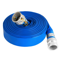 Picatu front view of assembled 2-inch by 50ft hose showing full length and fittings, durable performance