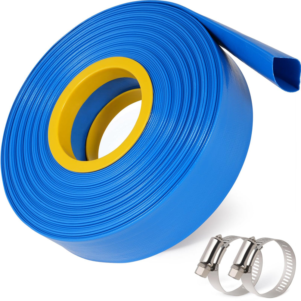 Picatu front view of blue 2" x 50ft backwash hose showing length and fittings benefit durable discharge