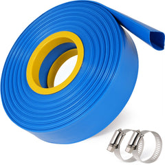 Picatu front view of blue 2" x 50ft backwash hose showing length and fittings benefit durable discharge