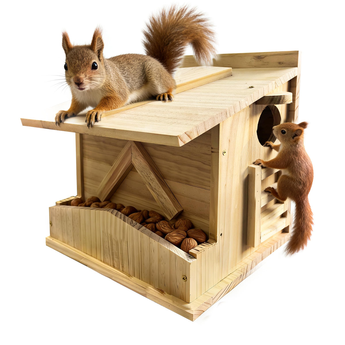 Pickei front view of solid wood squirrel house showing natural look and easy entry