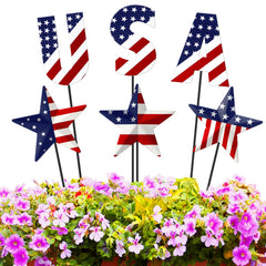 Pickmesh front view of six patriotic star stakes showing full set and colors