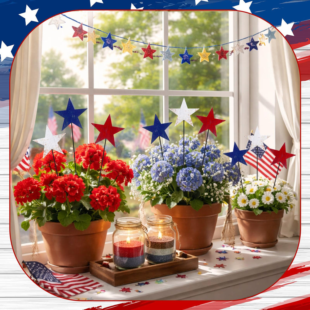 Pickmesh heart stakes placed in garden flowerbed adding patriotic color and curb appeal