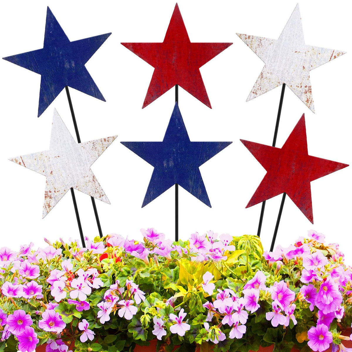 Pickmesh front view of six patriotic heart stakes showing rustic star pattern and vibrant colors