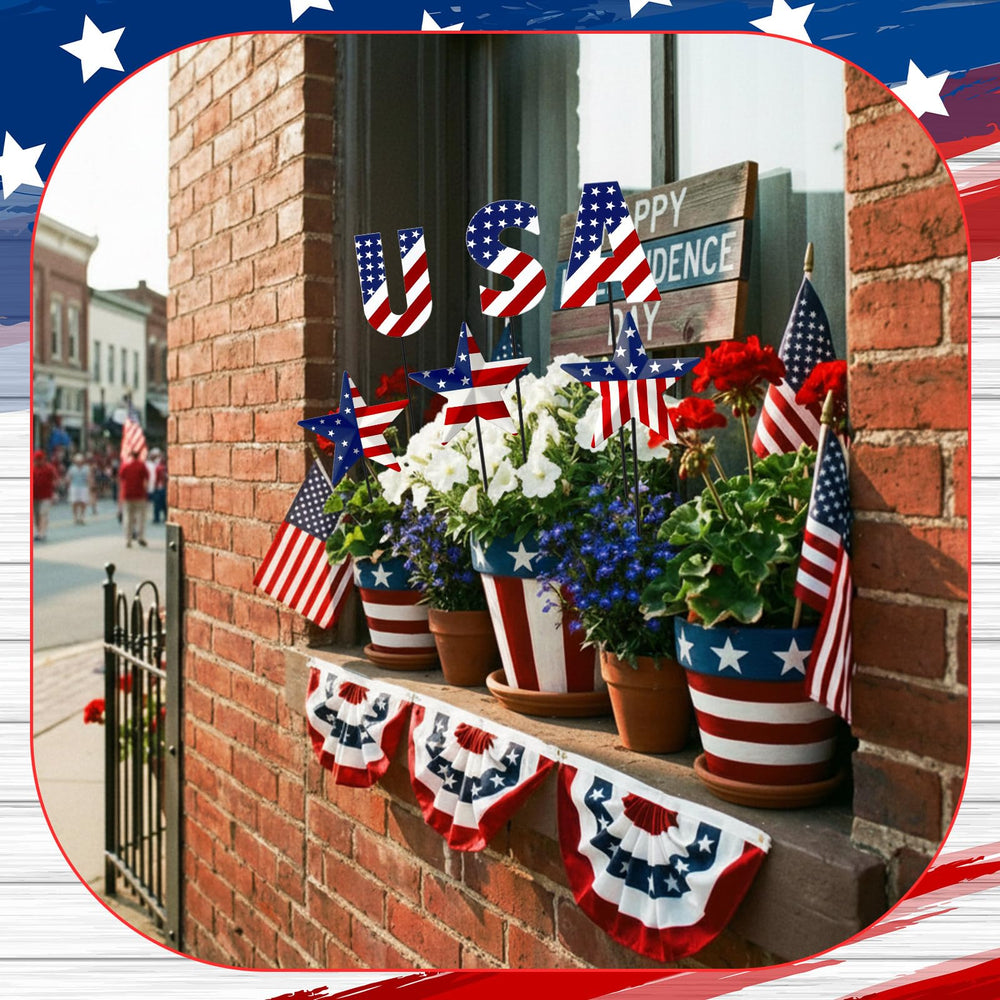 Pickmesh stakes placed in a flower bed adding red white blue yard color