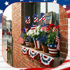Pickmesh stakes placed in a flower bed adding red white blue yard color