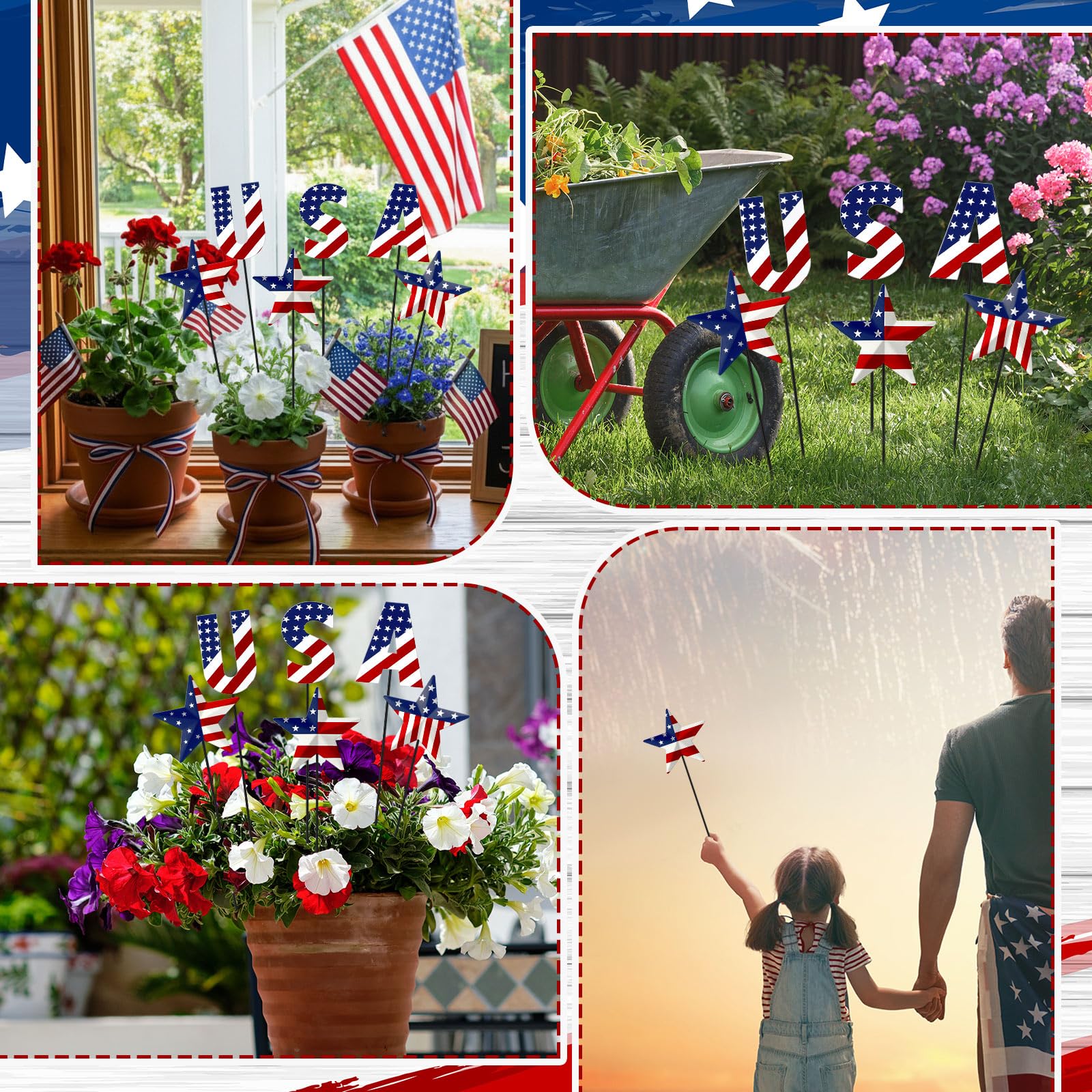 Pickmesh stakes in a large planter offering quick patriotic planter styling