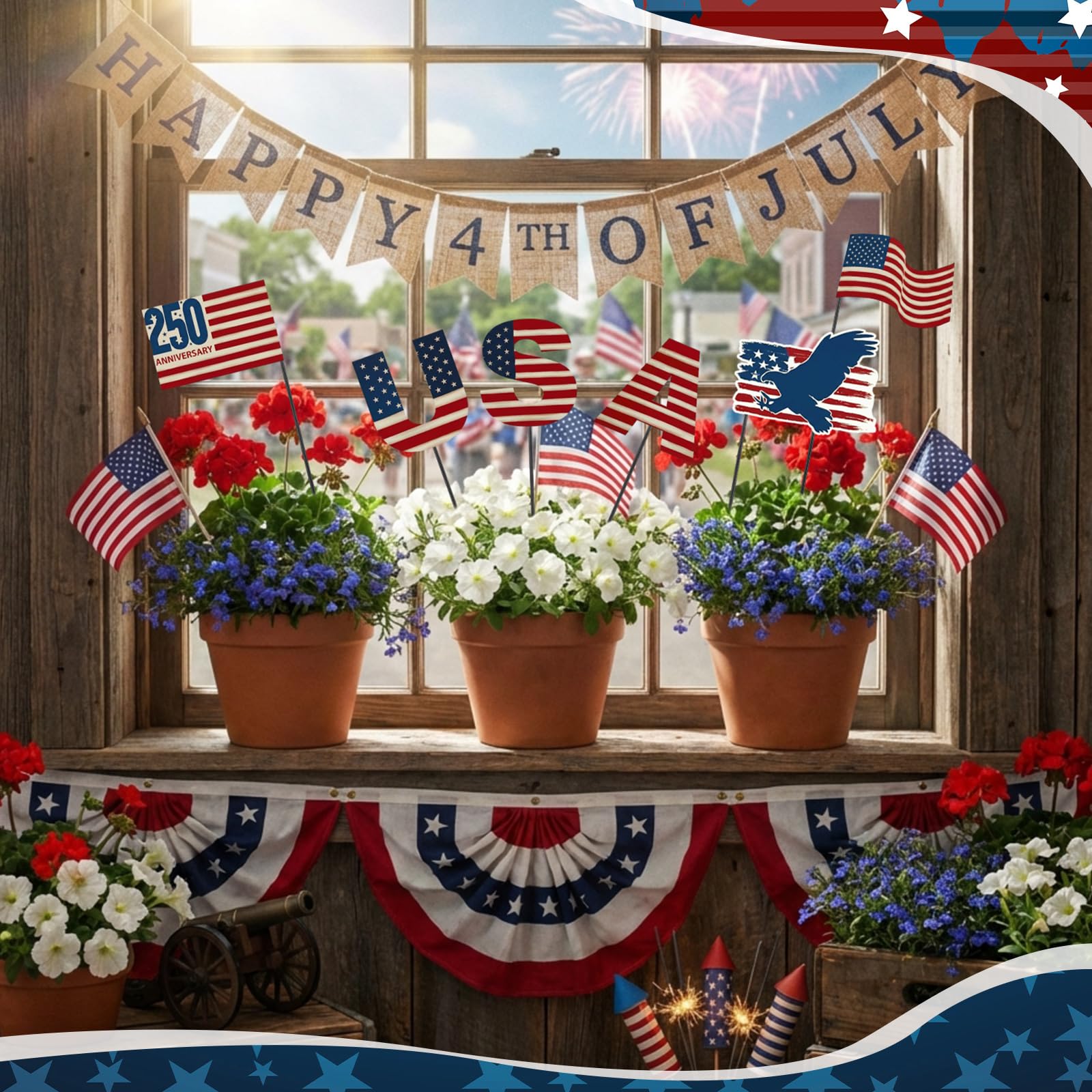 Pickmesh yard sign placed in garden bed adding patriotic curb appeal