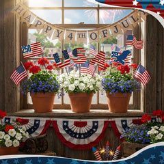 Pickmesh yard sign placed in garden bed adding patriotic curb appeal