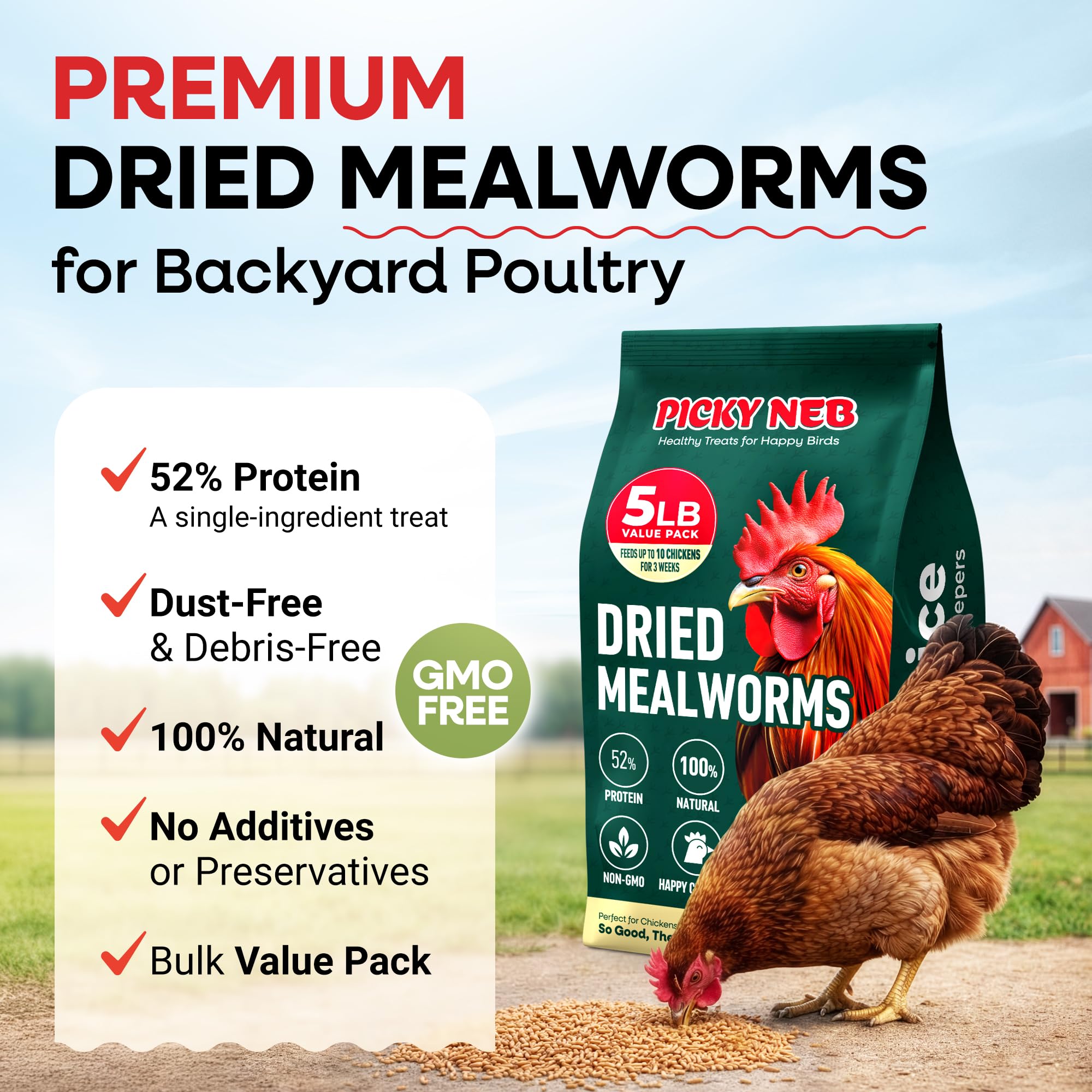 PICKY NEB close-up of dried mealworms texture and dust-free finish