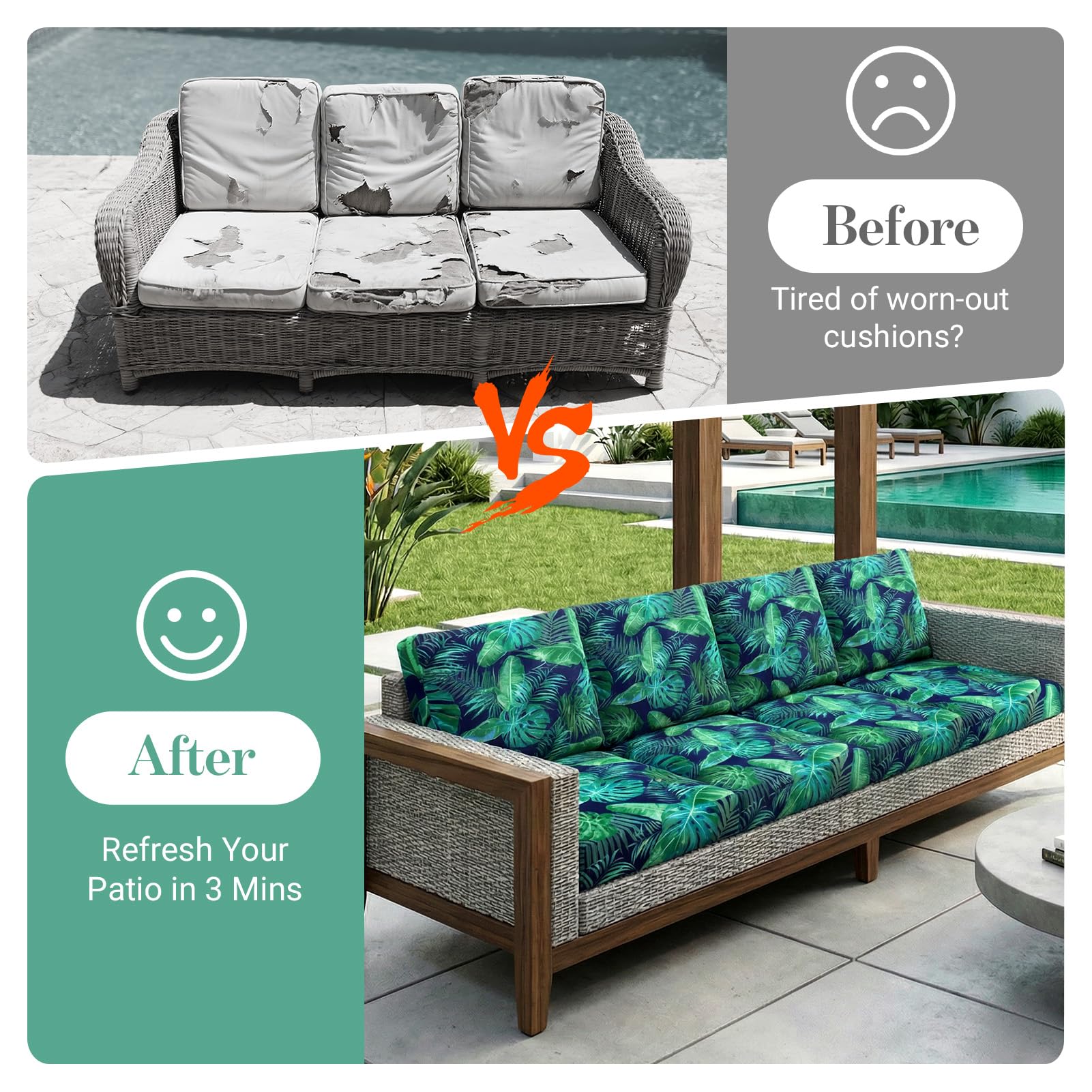 pickyNproud stacked covered cushions, demonstrates shape retention benefit