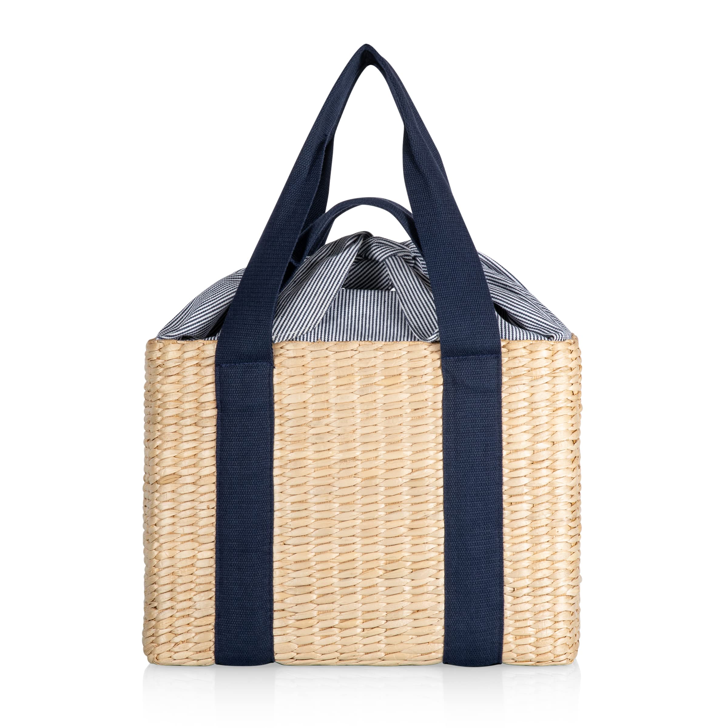 PICNIC TIME front view showing insulated seagrass tote and navy accents for stylish picnics