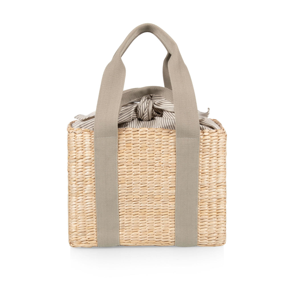 PICNIC TIME front view of seagrass basket showing chic sage fabric and capacity benefit