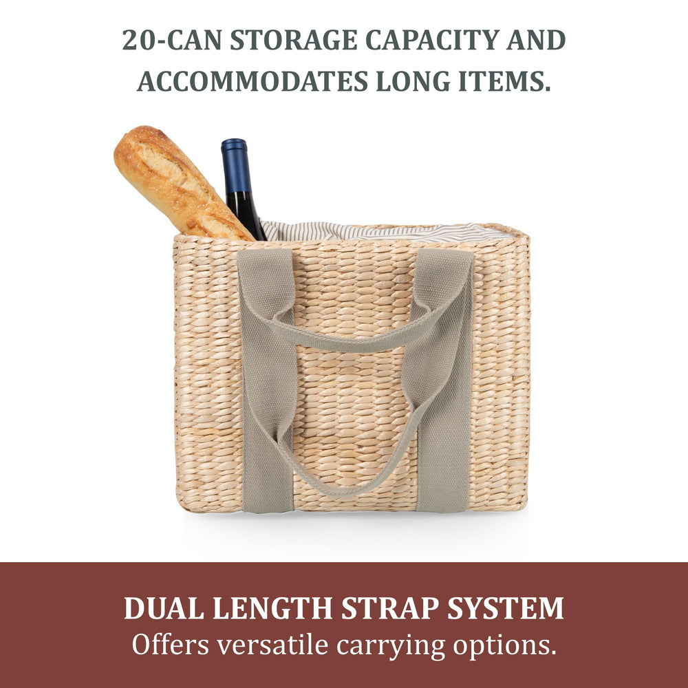 PICNIC TIME basket next to stacked cans illustrating 20-can capacity benefit
