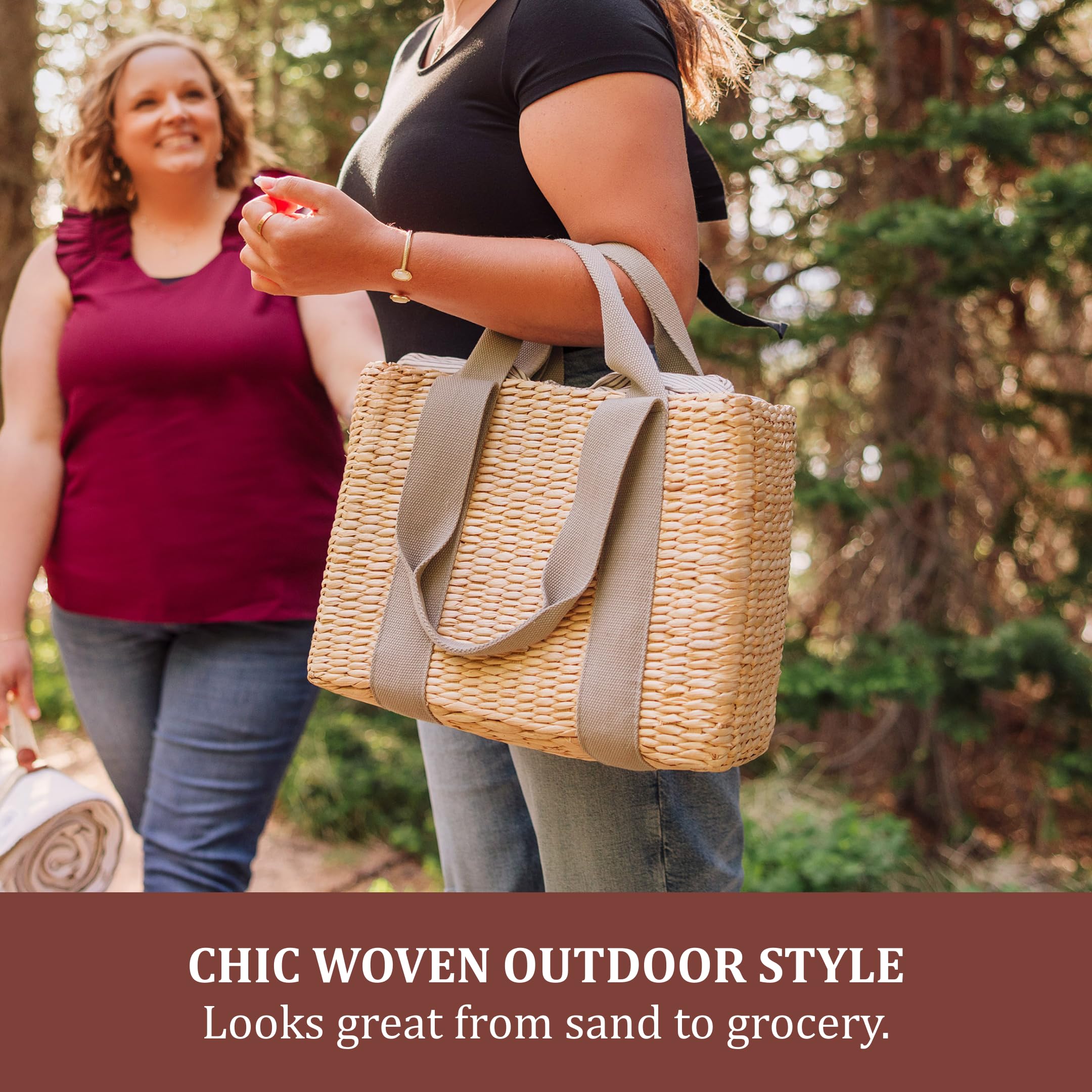 PICNIC TIME shoulder and hand straps shown for carrying comfort and versatility benefit