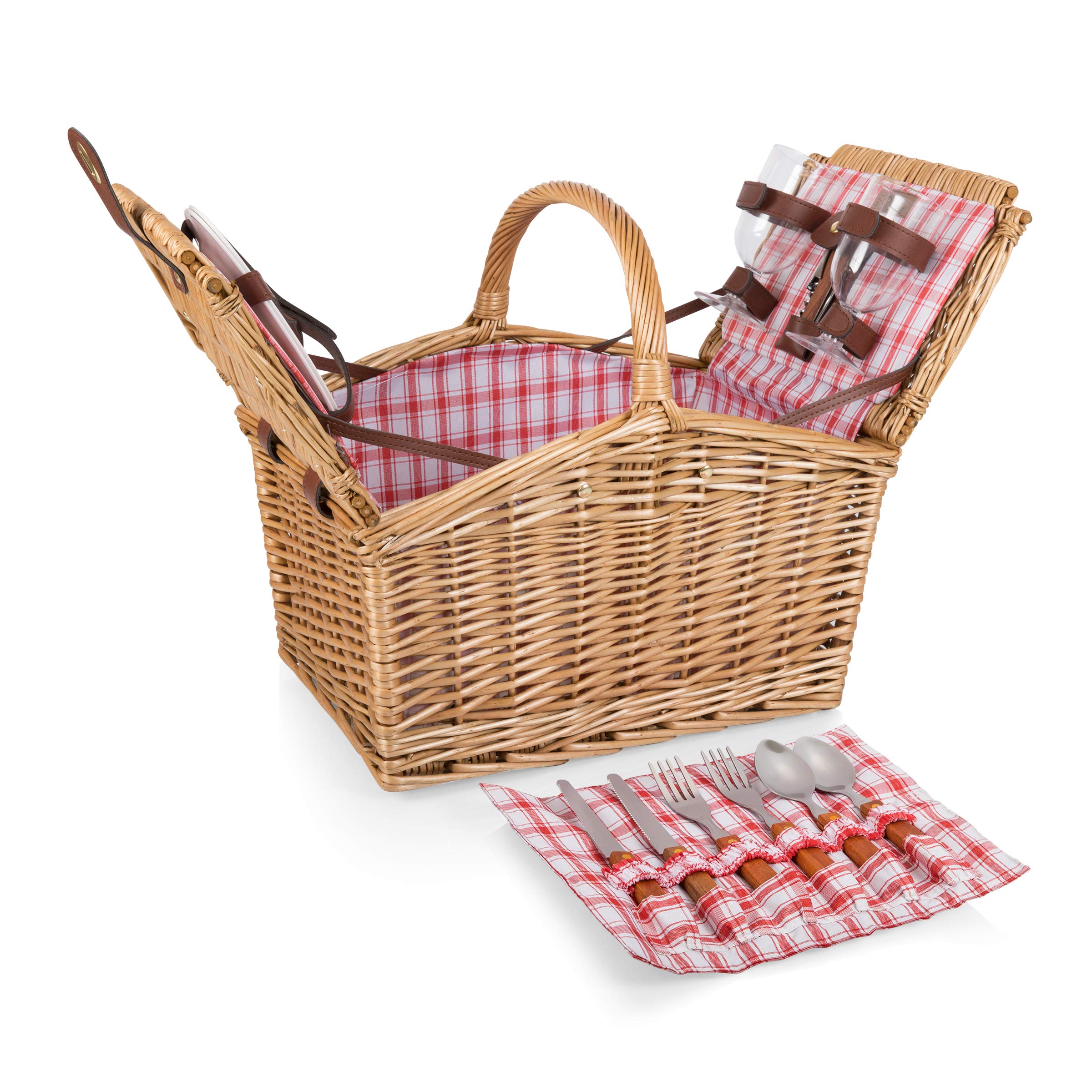 PICNIC TIME front view of red gingham picnic basket showing vintage charm and portability