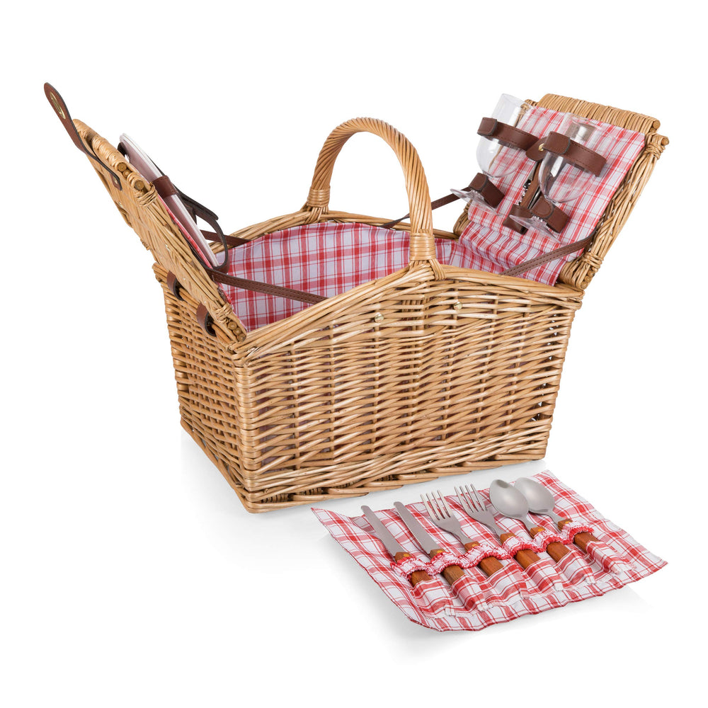 PICNIC TIME front view of red gingham picnic basket showing vintage charm and portability