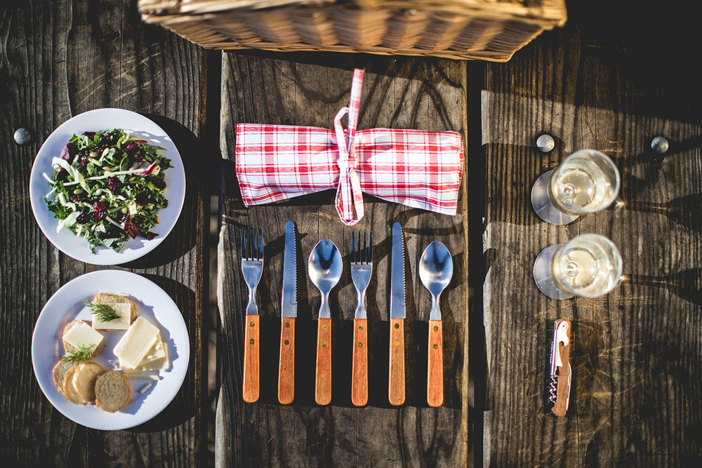 PICNIC TIME roll-up flatware pouch secured to lid showing tidy utensil storage benefit