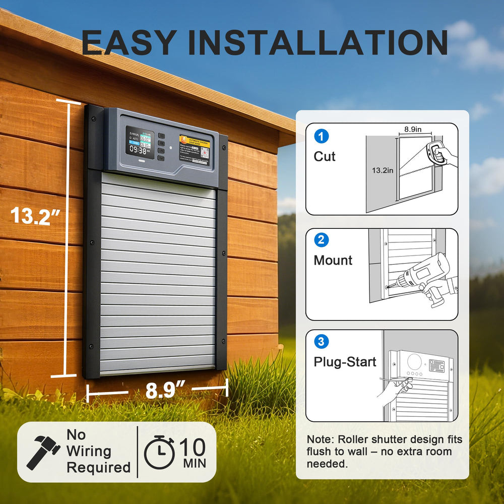 Pidemeo door installed in a backyard coop with chickens showing convenient automated access