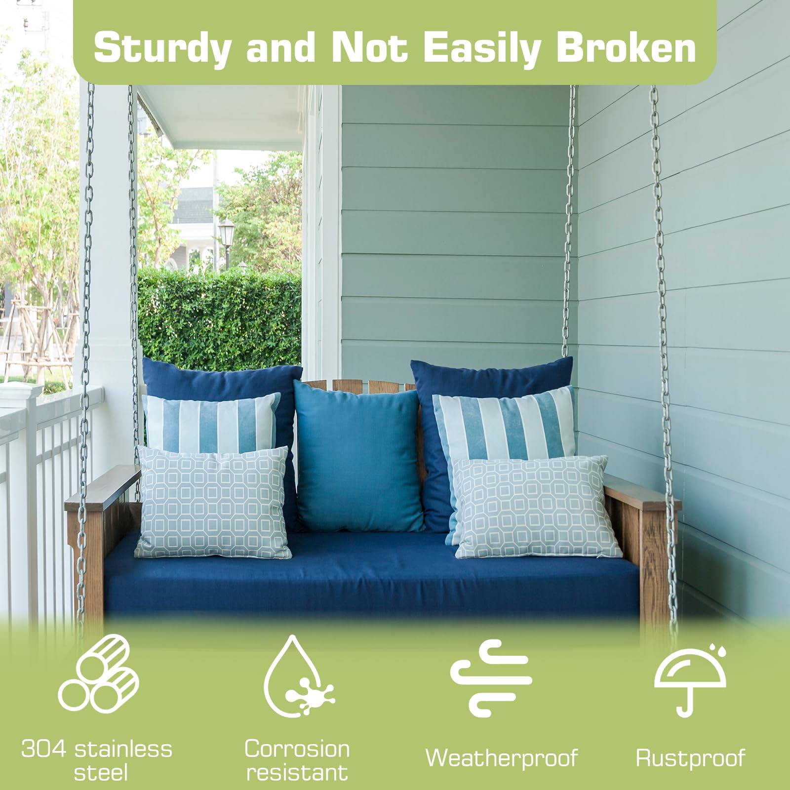 PIHIL porch swing installed using kit showing stable outdoor seating benefit