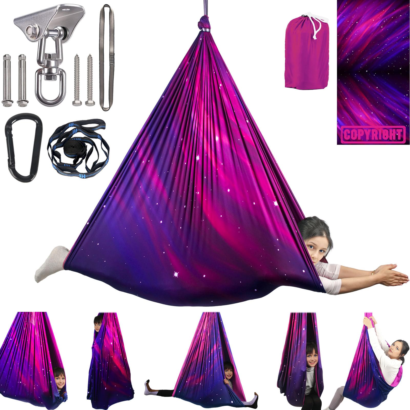 PikDos front view of Galaxy Purple cocoon swing showing roomy seat and secure shape