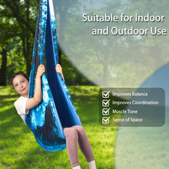 PikDos child curled in swing cocoon illustrating calming compression