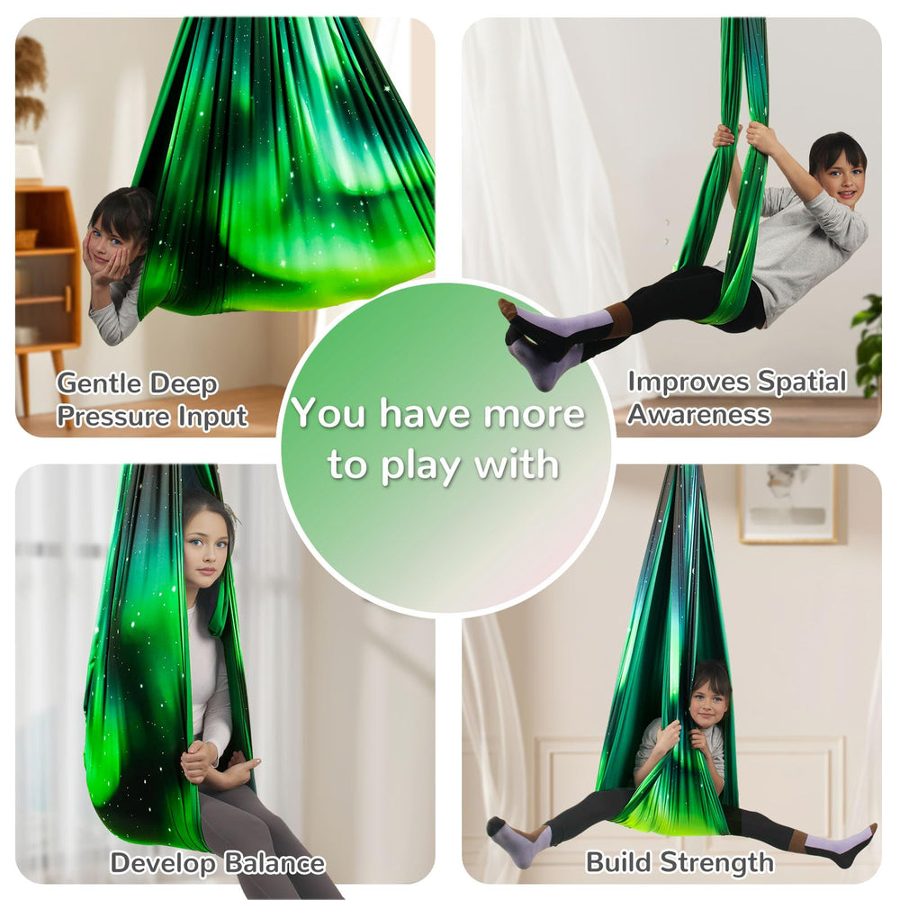 PikDos swing in use with child enjoying enclosed comforting motion