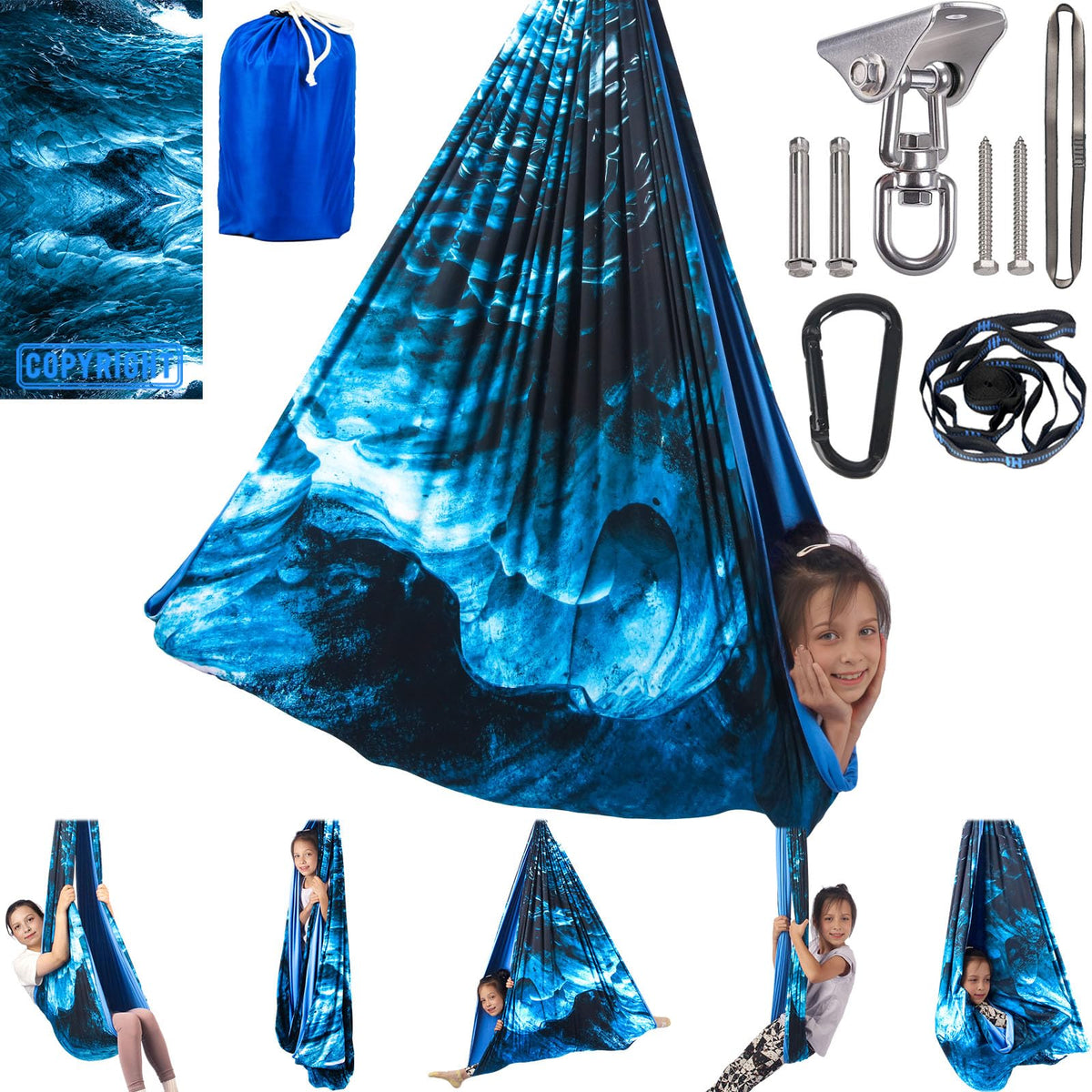 PikDos sensory swing front view showing ice teal cocoon and cozy benefit