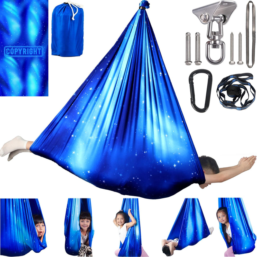 PikDos star blue front view showing cocoon swing and star pattern for calming play