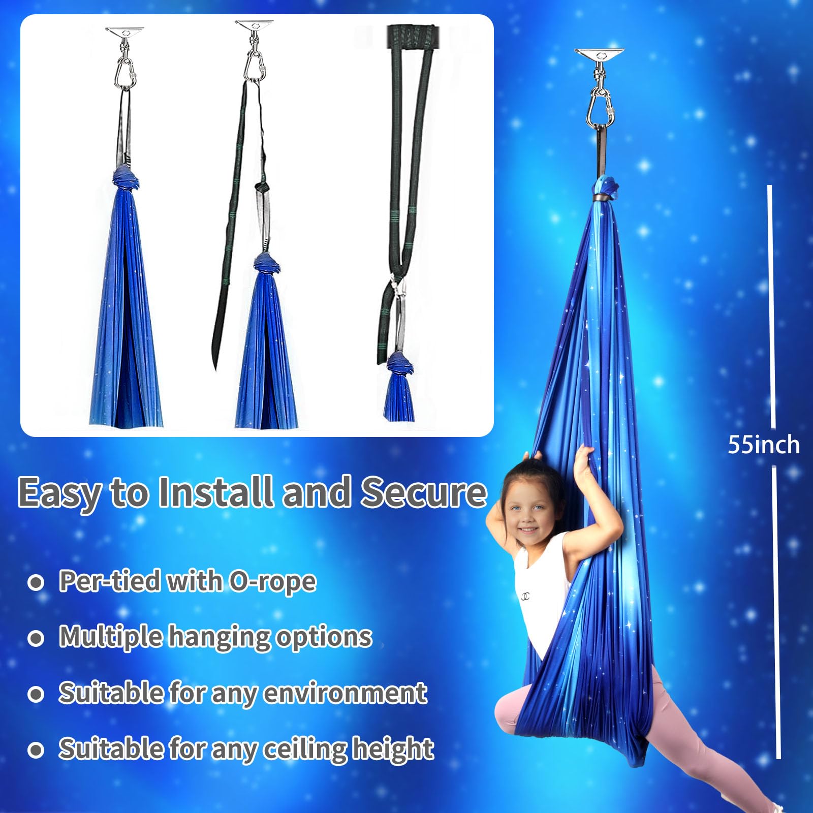 PikDos swing with child for size scale illustrating roomy 59 by 59 inch comfort benefit