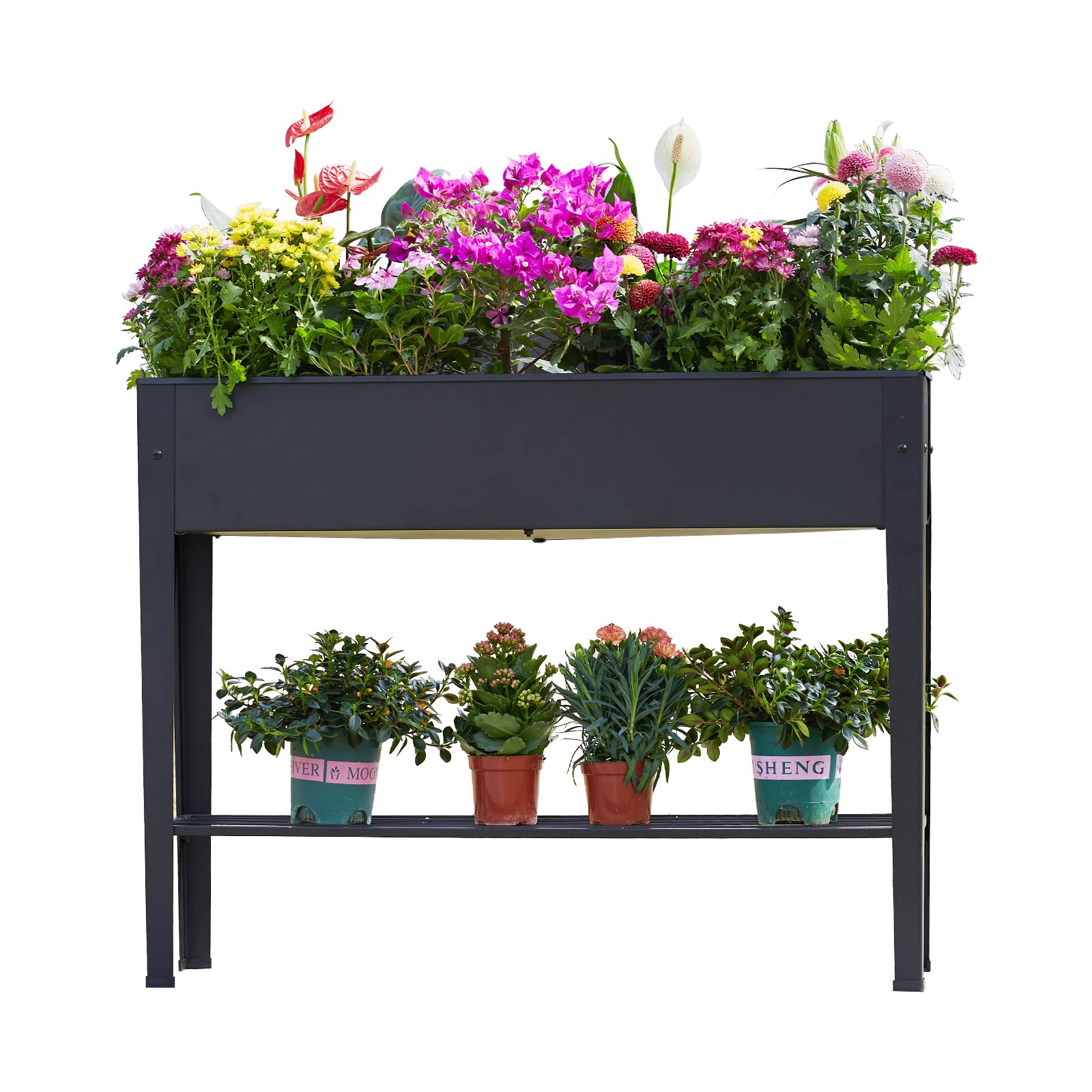Piksedo front view of planter showing sturdy black steel frame and profile benefit: stylish durability